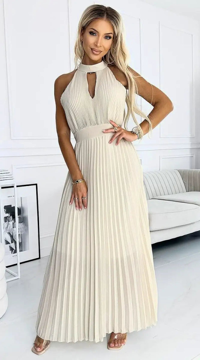 Robe plissée beige chic - Madame Robe