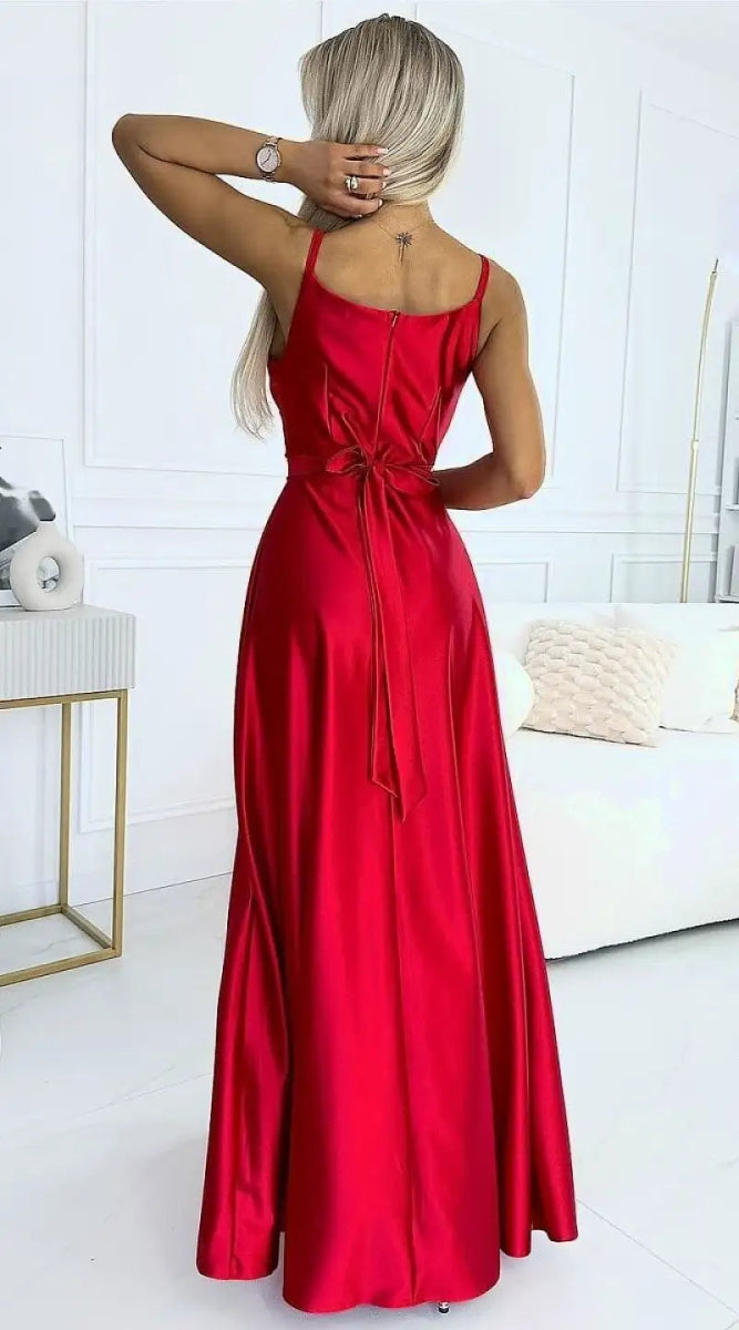 Robe satinée rouge longue fendue à bretelles - Madame Robe