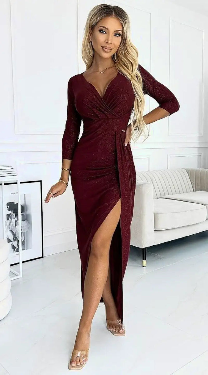 Robe sequin bordeaux fendue manche longue - Madame Robe