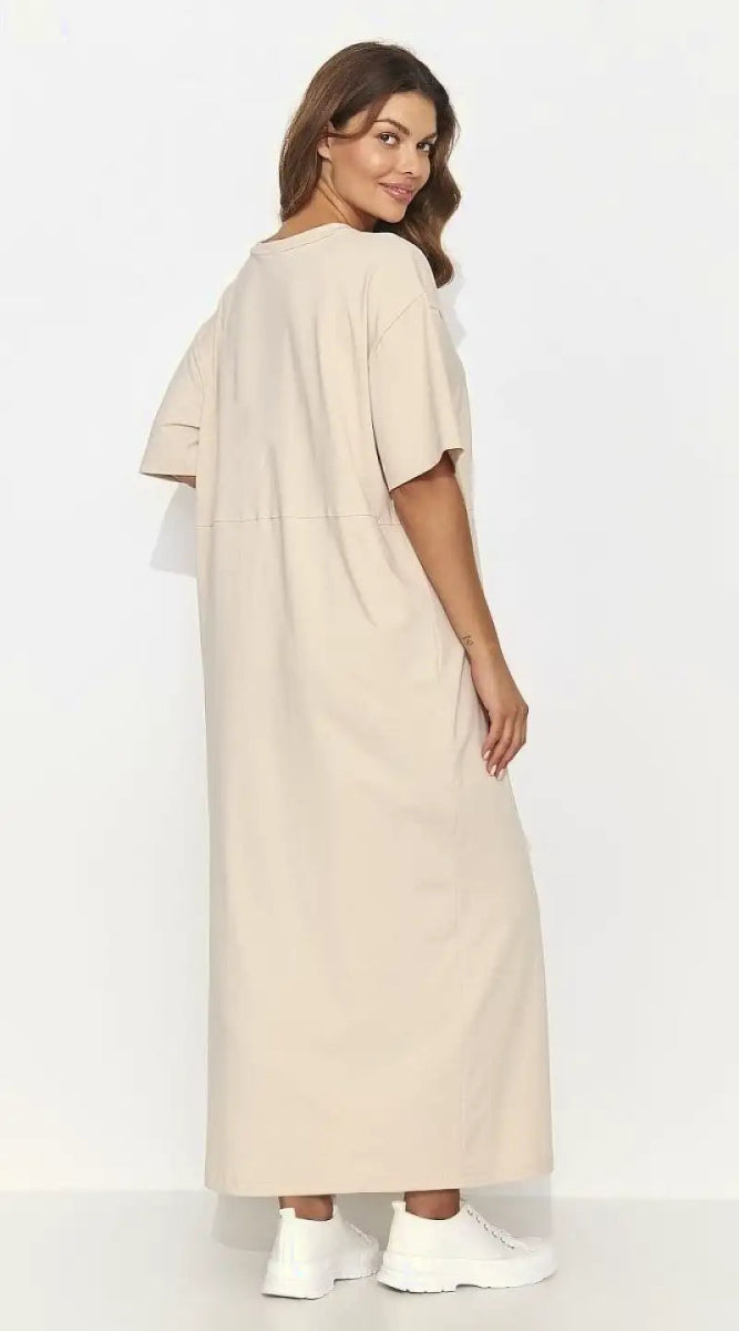 Robe T-shirt beige longue fendue - Madame Robe