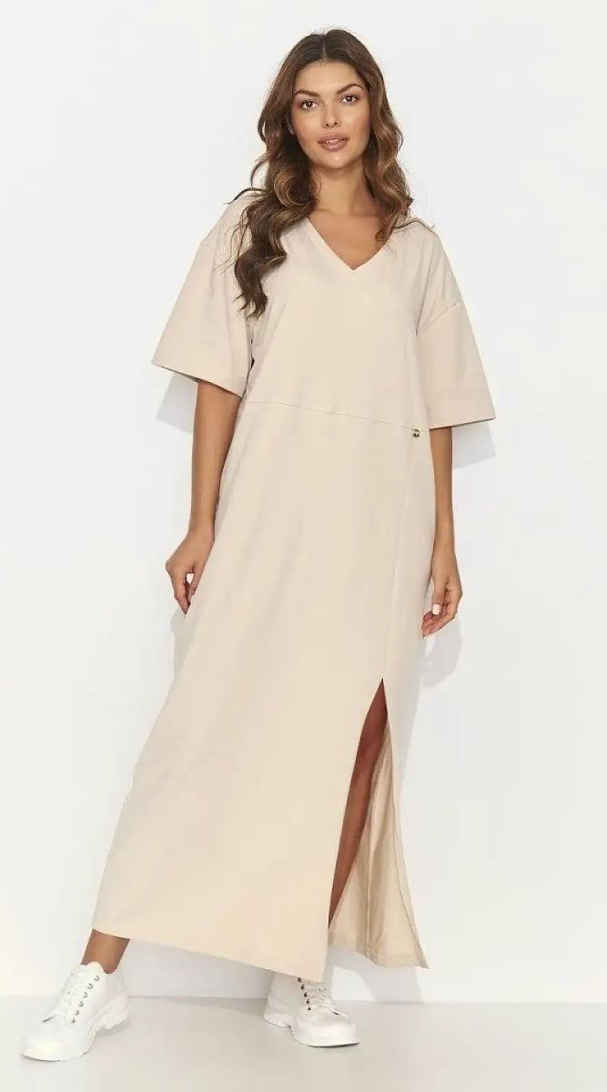 Robe T-shirt beige longue fendue - Madame Robe