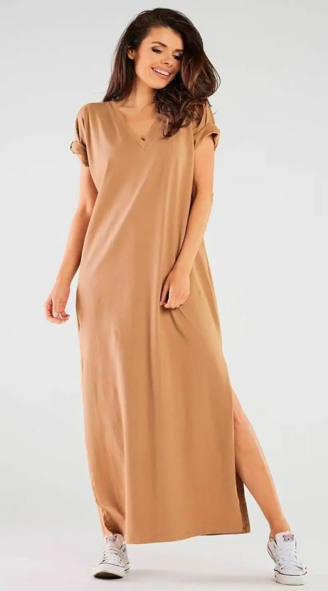 Robe T-shirt longue beige - Madame Robe