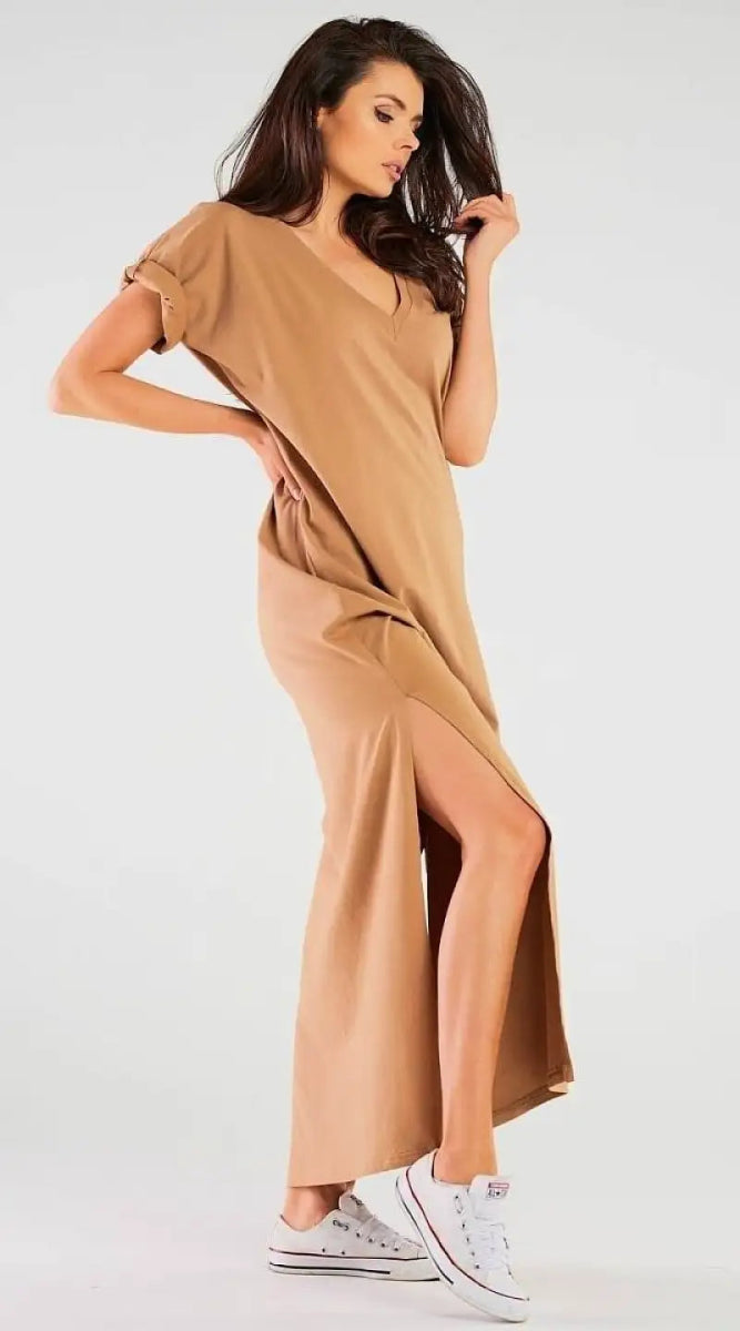 Robe T-shirt longue beige - Madame Robe